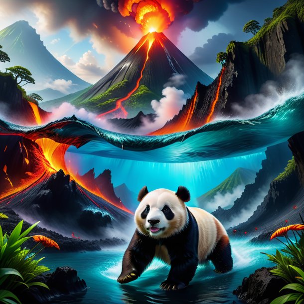 Photo of a swimming of a giant panda in the volcano