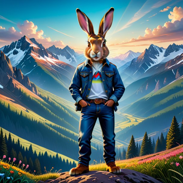 Illustration of a hare in a jeans in the mountains