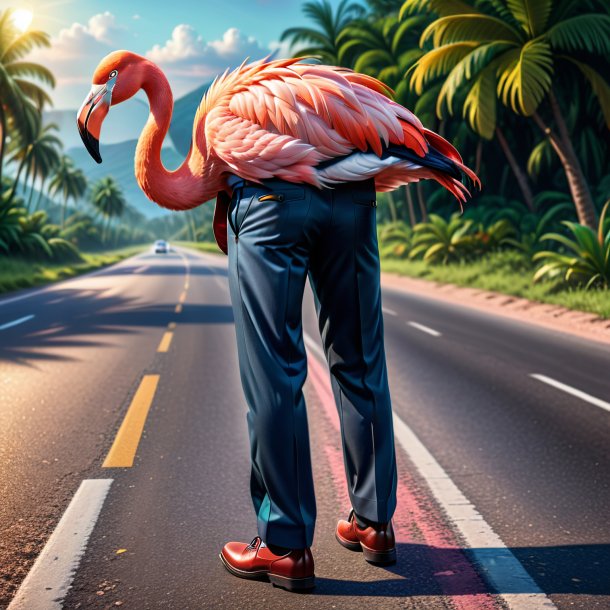 Illustration of a flamingo in a trousers on the road