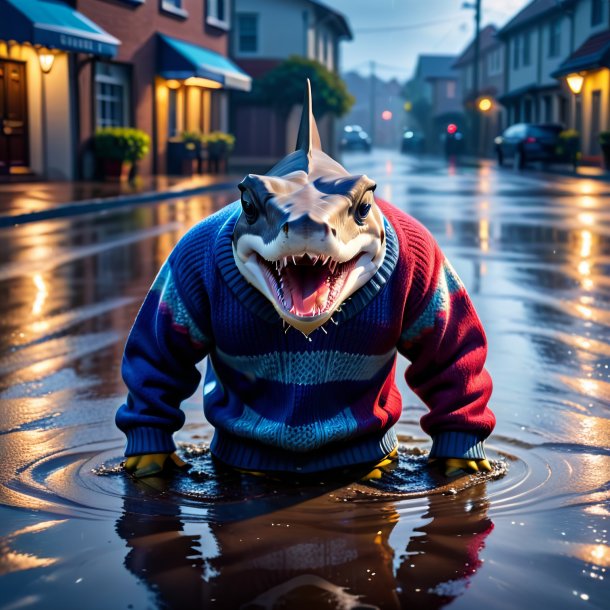 Photo of a hammerhead shark in a sweater in the puddle