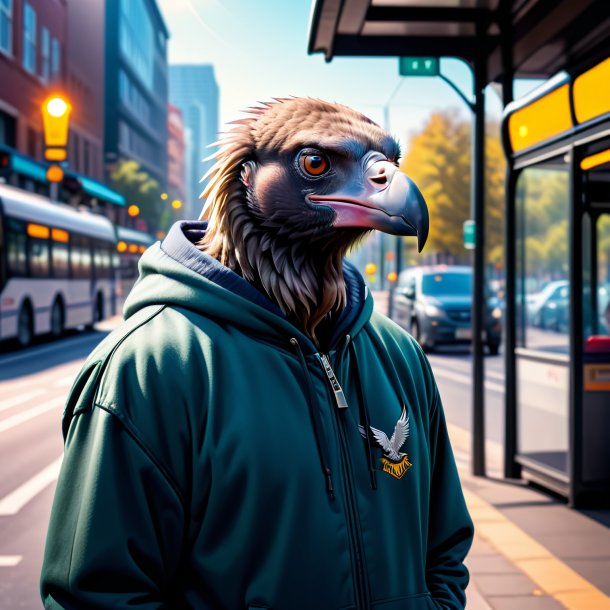 Image of a vulture in a hoodie on the bus stop