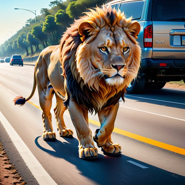 Dibujo del león en los zapatos en la carretera