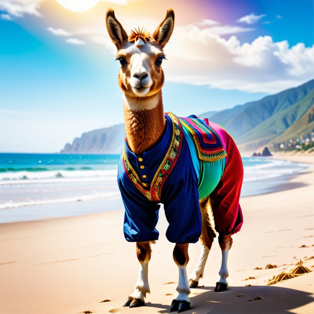 Image of a llama in a trousers on the beach