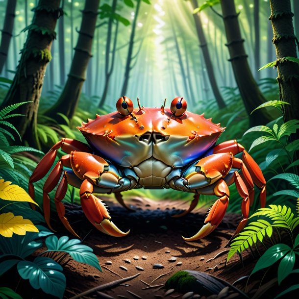 Illustration of a crab in a coat in the forest