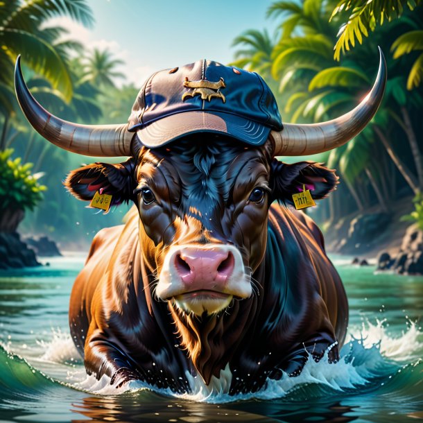 Photo of a bull in a cap in the water