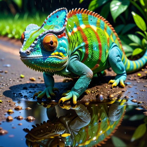 Image of a eating of a chameleon in the puddle