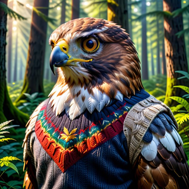 Picture of a hawk in a sweater in the forest