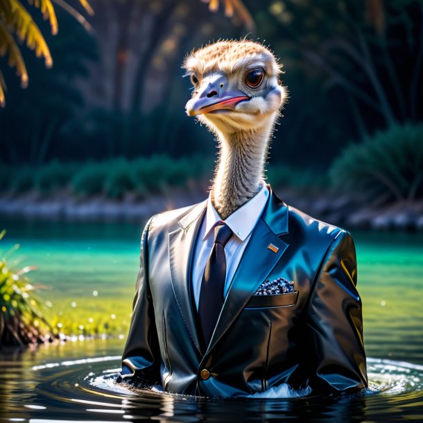 Pic of a ostrich in a jacket in the water