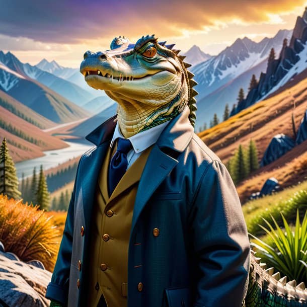 Pic of a alligator in a coat in the mountains