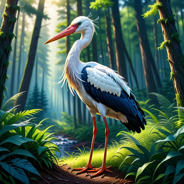 Illustration d'une cigogne dans un jean dans la forêt