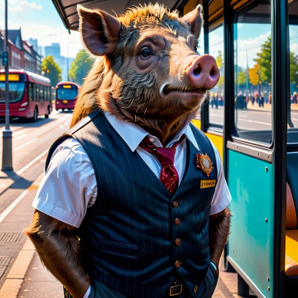 Foto de um javali em um colete no ponto de ônibus