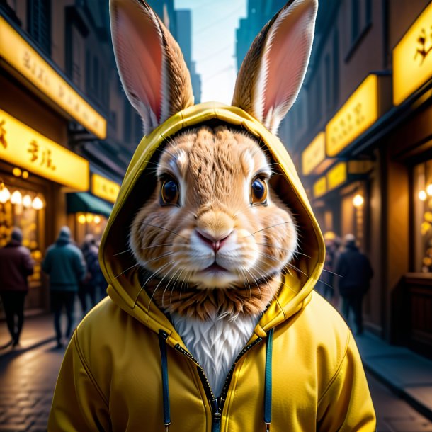 Photo of a rabbit in a yellow hoodie