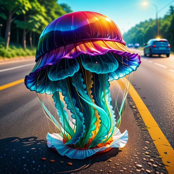 Illustration of a jellyfish in a cap on the road