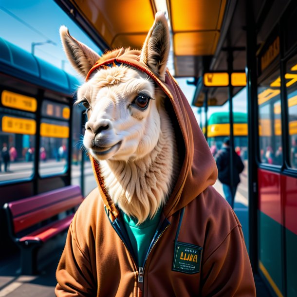 Image of a llama in a hoodie on the bus stop