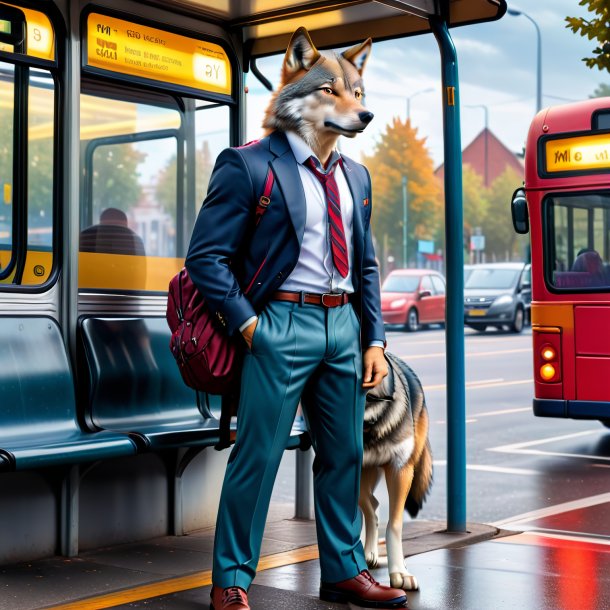 Pic d'un loup dans un pantalon sur l'arrêt de bus