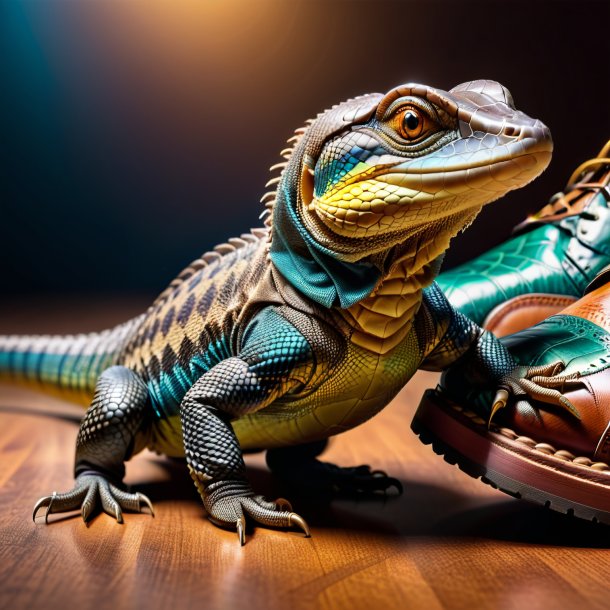 Imagem de um lagarto monitor em um sapatos marrons