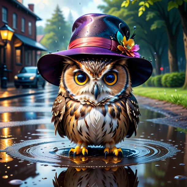 Drawing of a owl in a hat in the puddle