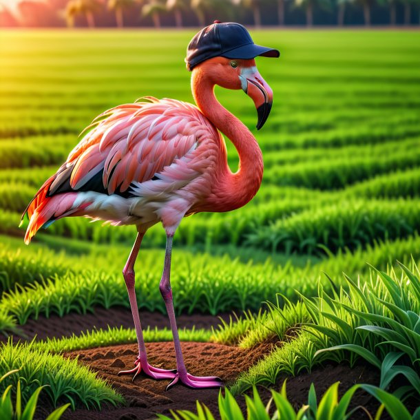 Foto de um flamingo em um boné no campo