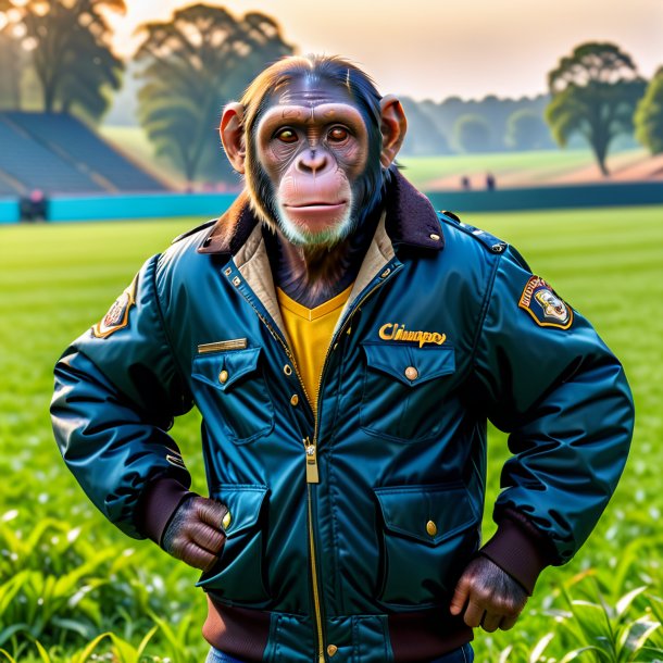 Photo of a chimpanzee in a jacket on the field