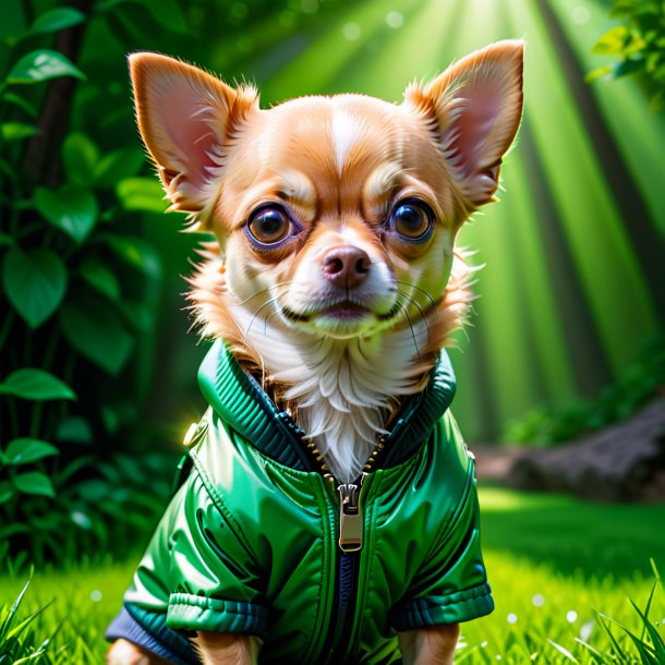 Photo of a chihuahua in a green jacket