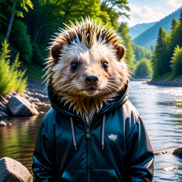 Photo of a porcupine in a hoodie in the river