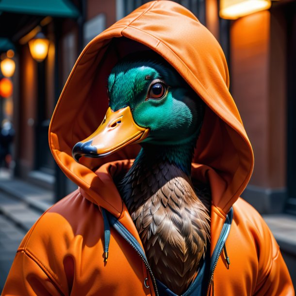 Image of a duck in a orange hoodie