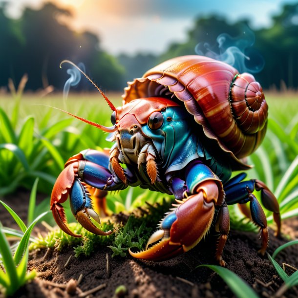 Pic of a smoking of a hermit crab on the field