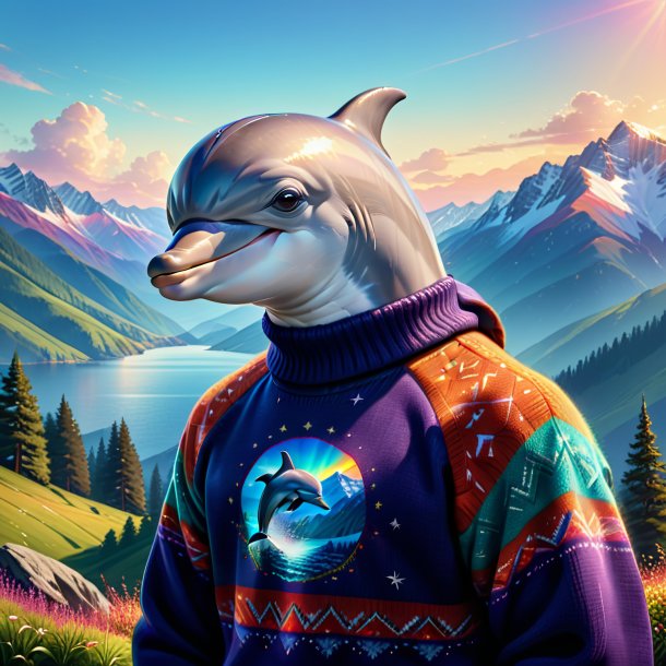 Drawing of a dolphin in a sweater in the mountains