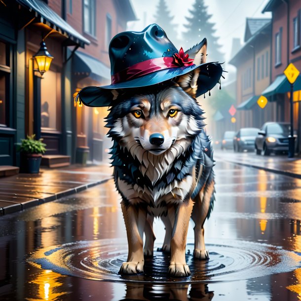 Picture of a wolf in a hat in the puddle