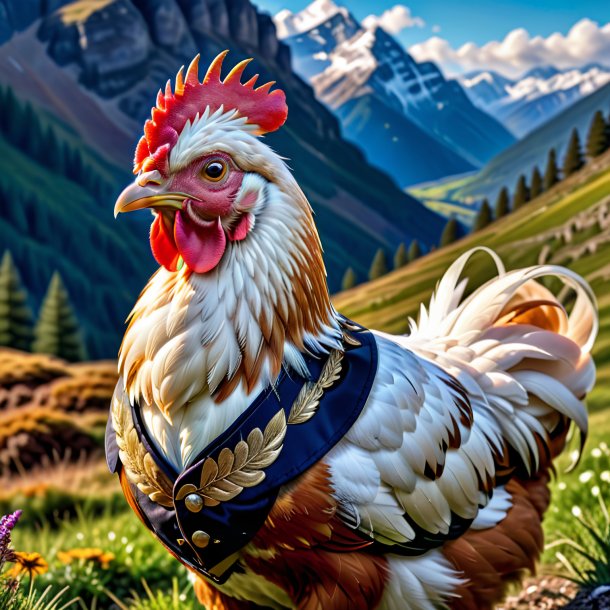 Picture of a hen in a vest in the mountains