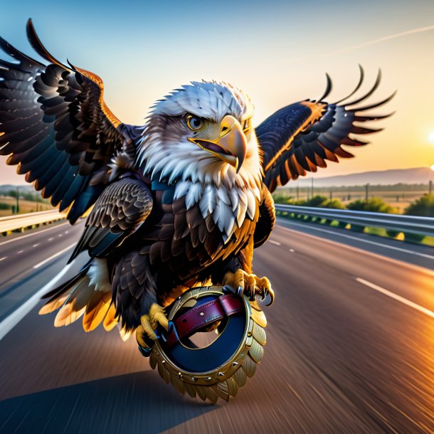 Image of a eagle in a belt on the highway