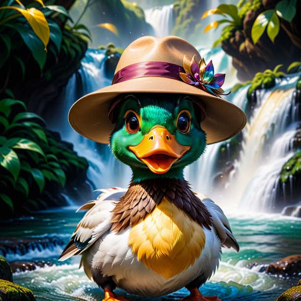 Picture of a duck in a hat in the waterfall