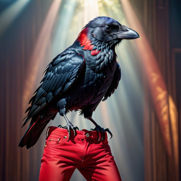 Image d'un corbeau dans un jean rouge