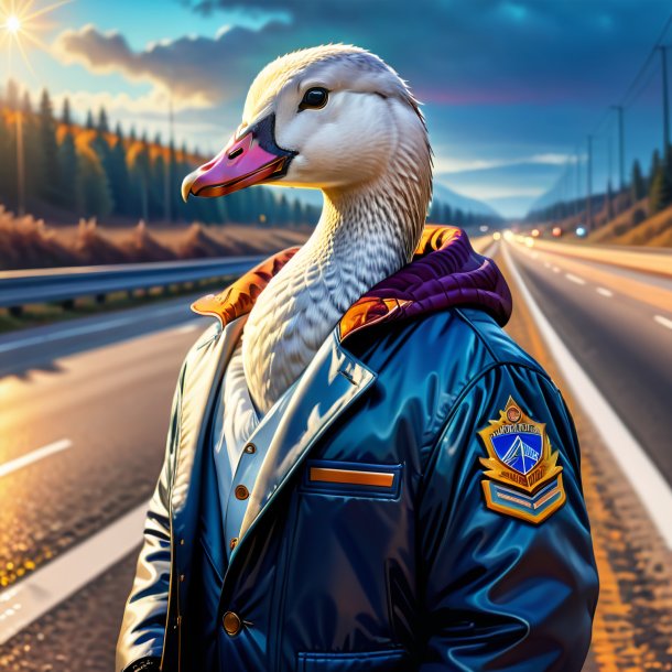 Illustration of a goose in a jacket on the highway