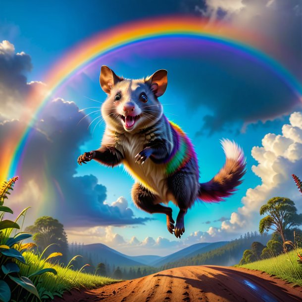 Photo d'un saut d'un opossum sur l'arc-en-ciel