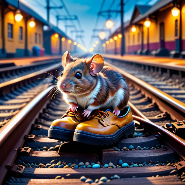 Picture of a mouse in a shoes on the railway tracks