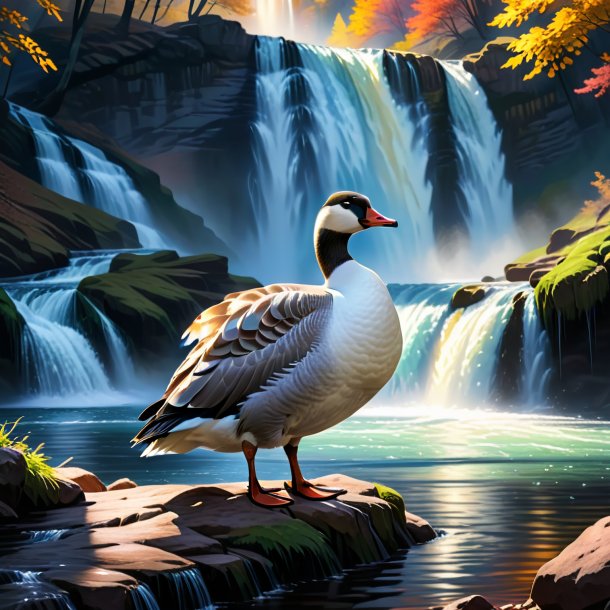 Drawing of a goose in a coat in the waterfall