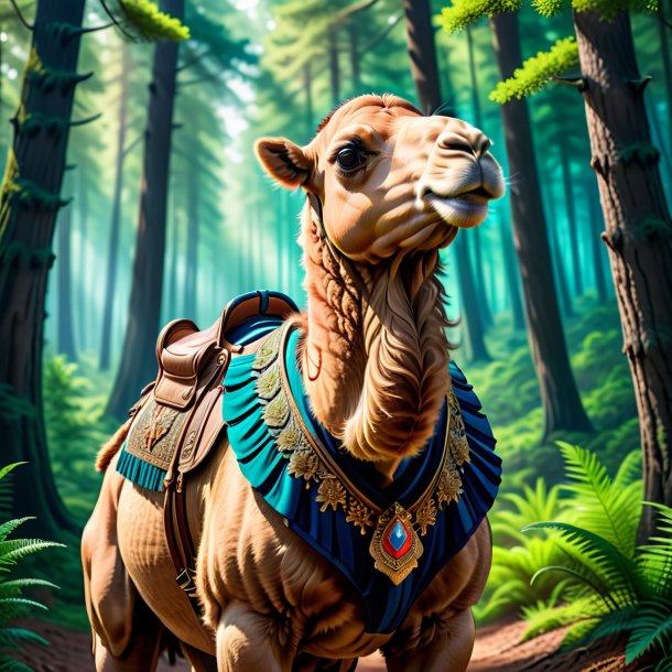 Illustration of a camel in a vest in the forest