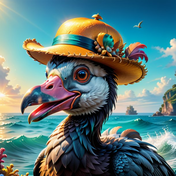 Ilustración de un dodo en un sombrero en el mar