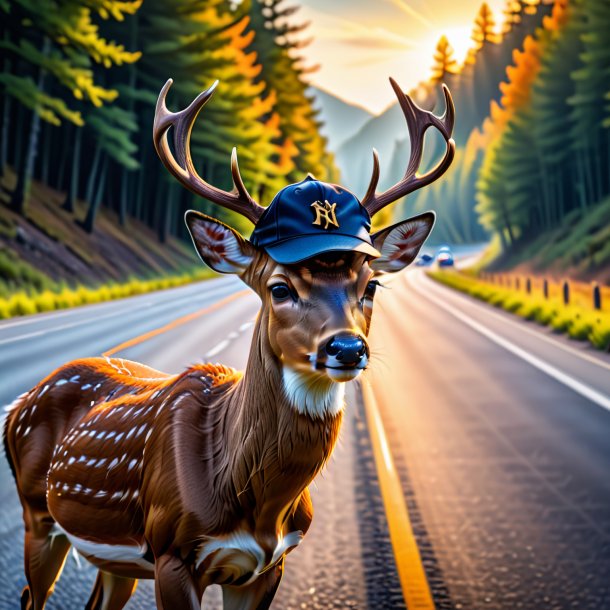 Pic of a deer in a cap on the highway