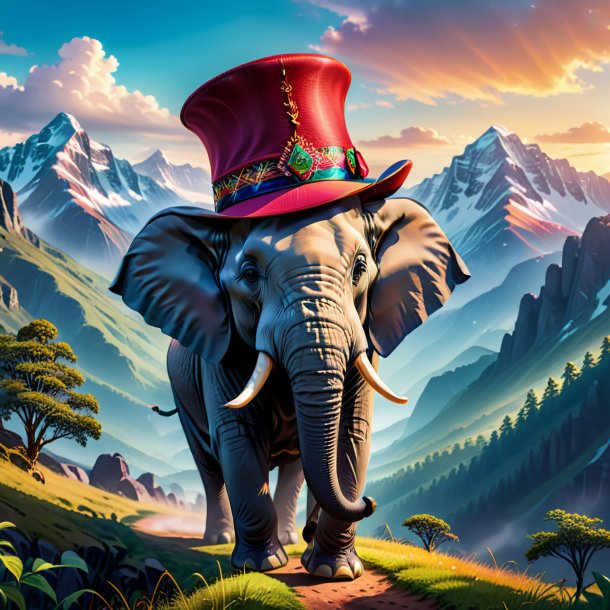 Illustration of a elephant in a hat in the mountains