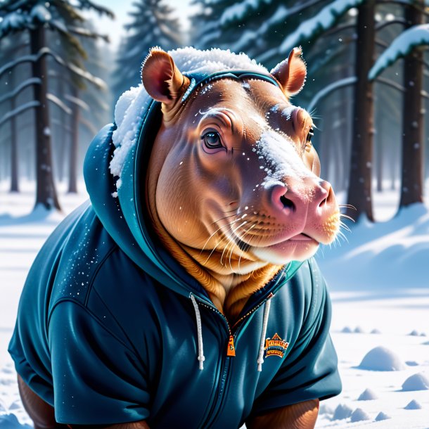 Picture of a hippopotamus in a hoodie in the snow