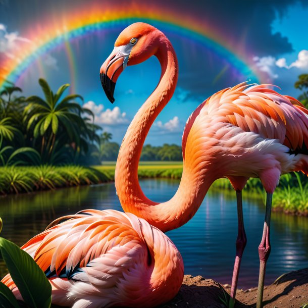 Foto de um descanso de um flamingo no arco-íris