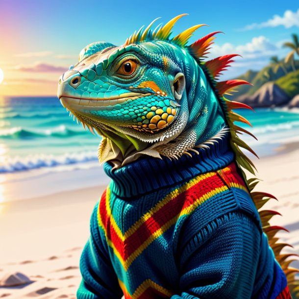 Illustration d'une iguane dans un pull sur la plage