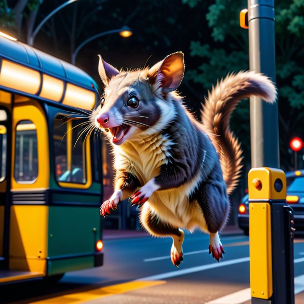 Imagen de un salto de una zarigüeya en la parada de autobús