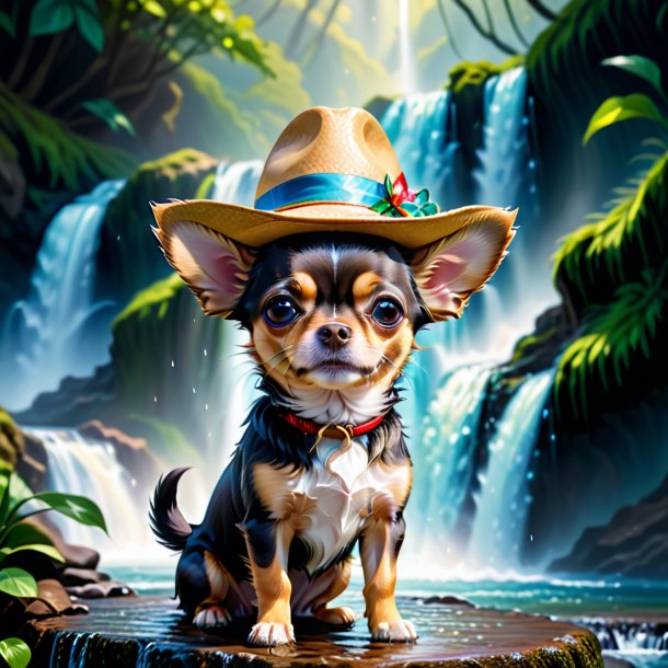 Illustration of a chihuahua in a hat in the waterfall