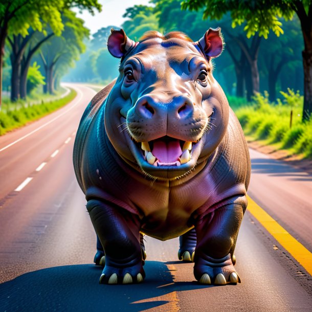 Pic of a smiling of a hippopotamus on the road