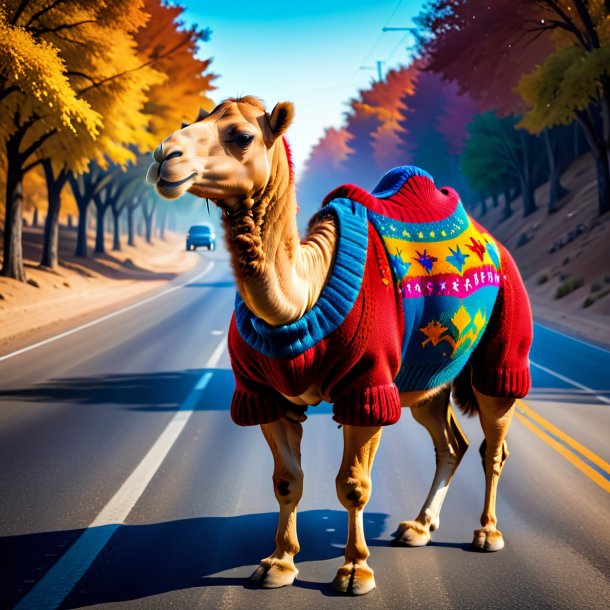 Image of a camel in a sweater on the road