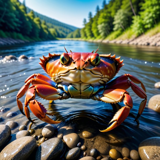 Imagem de um caranguejo em um colete no rio