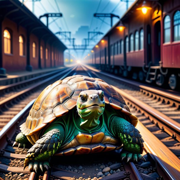 Picture of a tortoise in a gloves on the railway tracks